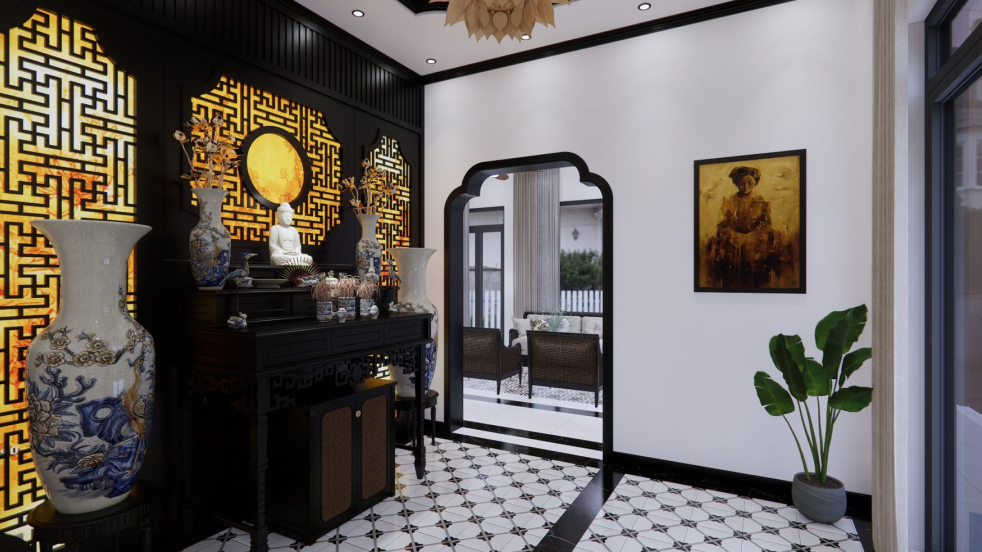 Thi Công Nội Thất Cần Thơ Trọn Gói: Không Gian Nhà Ở Đậm Chất Indochine Qua Bản Vẽ 3D 47 Bản vẽ 3D không gian phòng khách Indochine