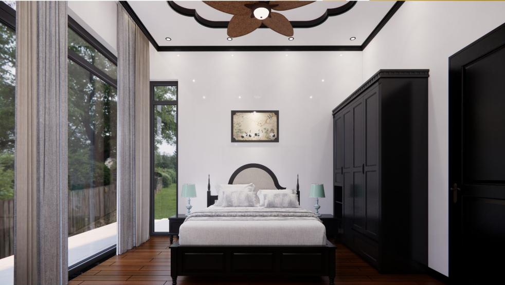 Thi Công Nội Thất Cần Thơ Trọn Gói: Không Gian Nhà Ở Đậm Chất Indochine Qua Bản Vẽ 3D 64 View tổng thể phòng ngủ