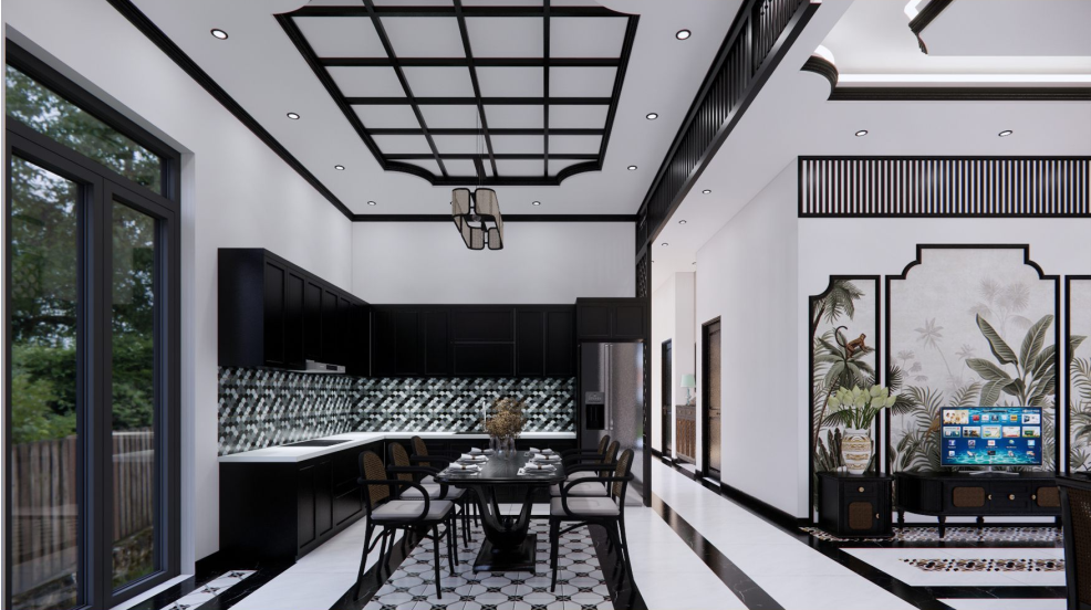 Thi Công Nội Thất Cần Thơ Trọn Gói: Không Gian Nhà Ở Đậm Chất Indochine Qua Bản Vẽ 3D 49 Góc nhìn sofa phòng khách